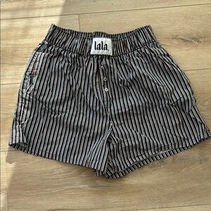Dressed in LALA burgundy and blue Striped High Waist Shorts